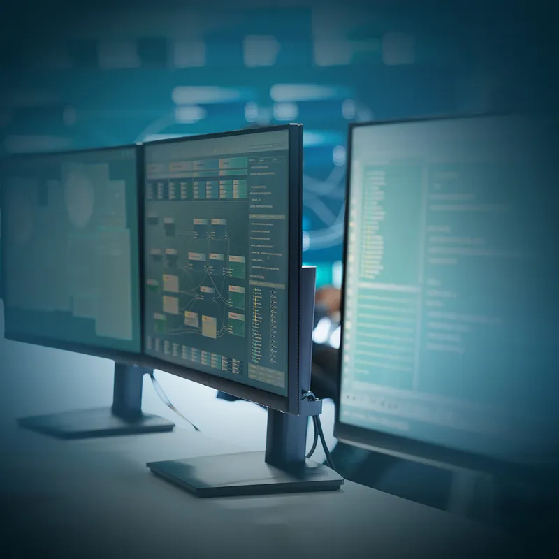 Three monitors in a server room showing dashboards and system logs