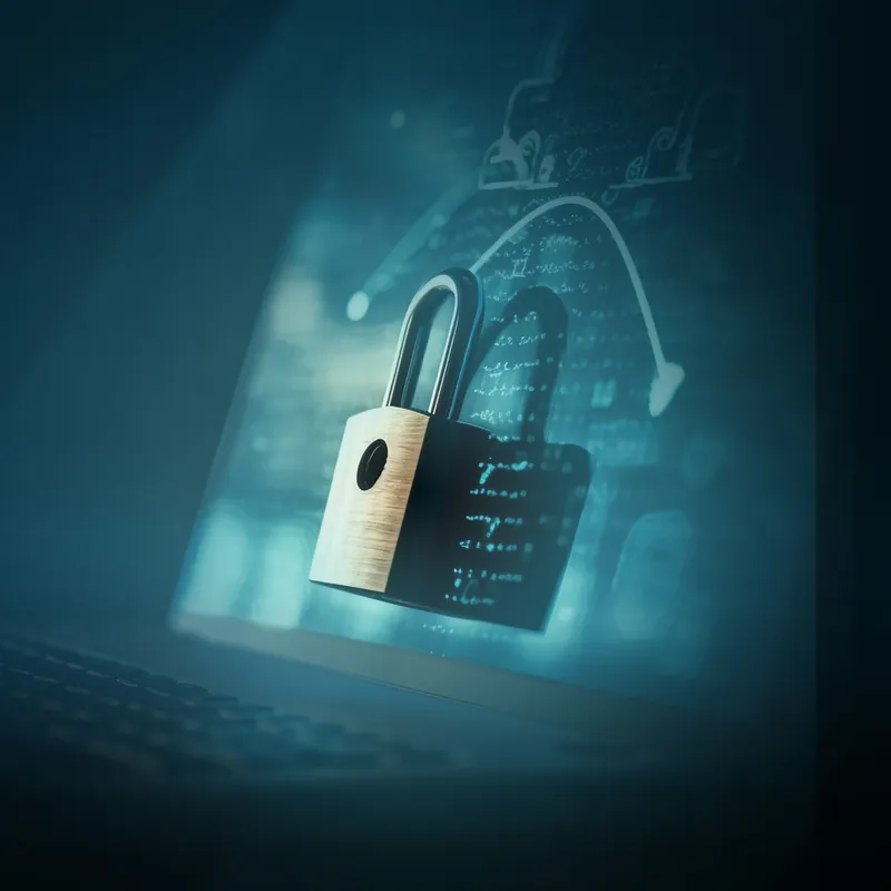 A lit digital padlock on a computer screen above a stream of data